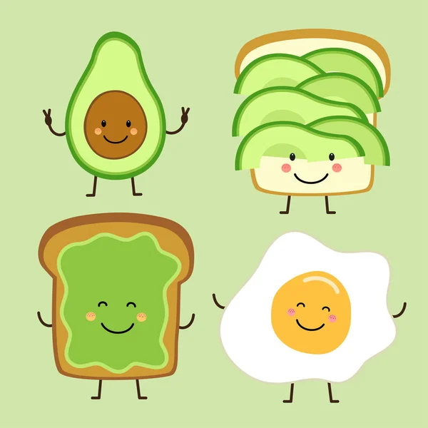 Söt hand dras seriefigurer av avokado, rostat bröd och ägg — Stock vektor