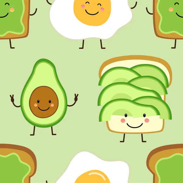 Vzor bezešvé s roztomilý rukou kreslené kreslené postavičky z avokáda, toast a vejce — Stockový vektor