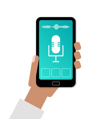 Cep telefonu ile app aktif kişisel ses asistanı düz şekil tutan el