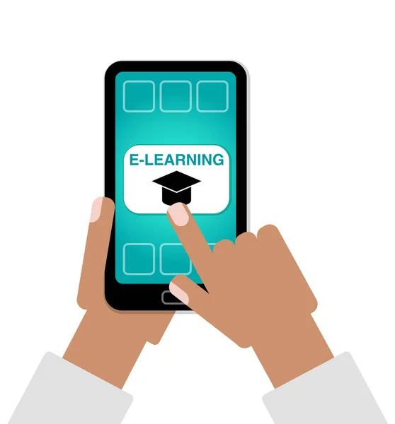 E-Learning concetto come le mani dito scegliendo l'educazione online sul telefono cellulare — Vettoriale Stock