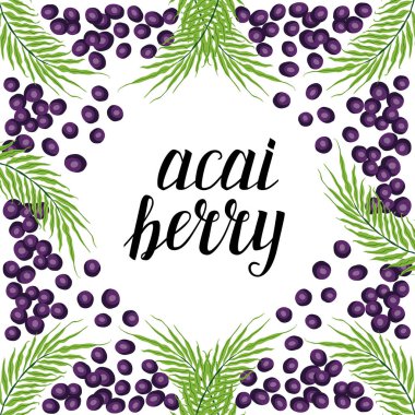 Acai çilek, şirin çerçeve el kaligrafi yazı ile çizilmiş öğeleri
