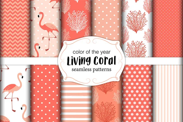 Cute set of seamless patterns in color of 2019 year Living Coral. Vector illustration. — Stock Vector