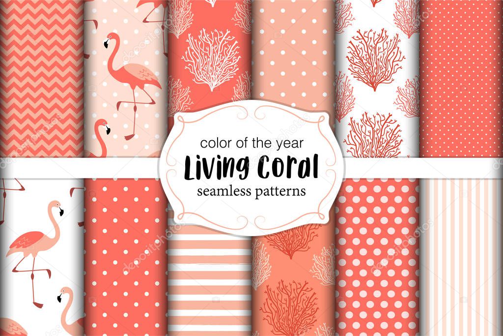 Cute set of seamless patterns in color of 2019 year Living Coral. Vector illustration.