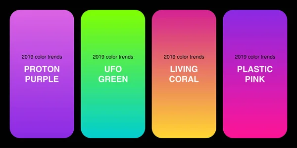 Trendy 2019 Color Palette Gradients collection as set of Plastic Pink, UFO Green, Proton Purple and Living Coral — Stock Vector