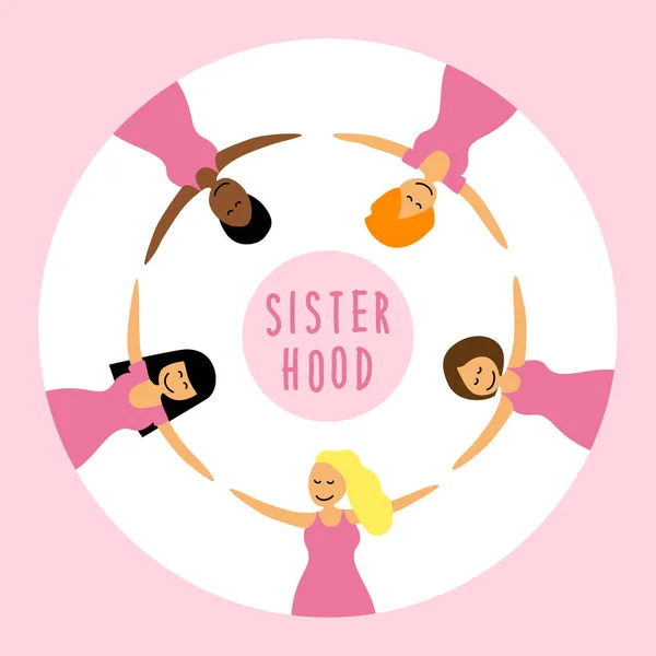 Glückliche Frauen oder Mädchen als Vereinigung von Feministinnen, Schwesternschaft als flache Cartoonfiguren — Stockvektor