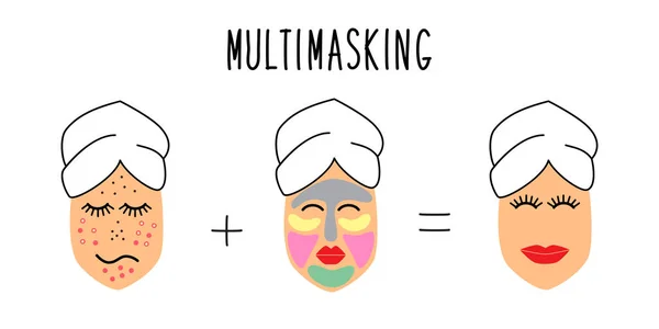 Akne, sivilce, siyah kafalarını tedavi olarak Multimasking için şirin ve basit cilt bakımı ipuçları — Stok Vektör