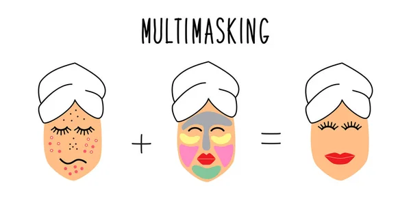 Schattig en eenvoudige huidverzorging tips voor acne, puistjes, zwarte hoofden behandeling als Multimasking — Stockvector