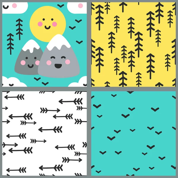 Lindo conjunto de patrones sin costura con paisaje de las montañas Kawaii — Vector de stock