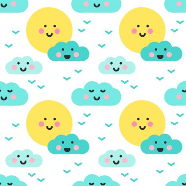 Şirin Kawaii bulutlar ve komik yüzler Seamless modeli ile gökyüzünde güneş