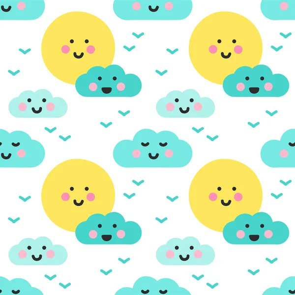 Lindo Kawaii Nubes y Sol en el Cielo con Caras Divertidas Patrón sin costuras — Vector de stock