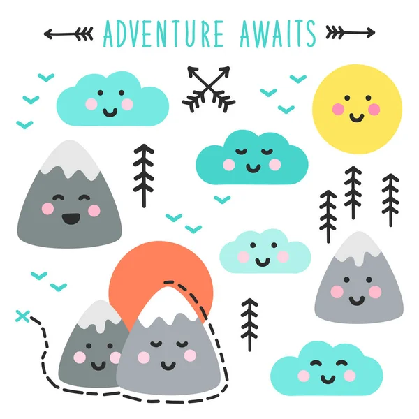 Carino elementi disegnati a mano con Kawaii montagne paesaggio — Vettoriale Stock