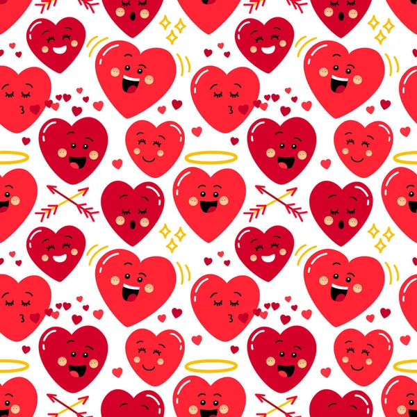 Cute seamless pattern of holiday Valentines day background with funny cartoon kawaii characters of emoji hearts