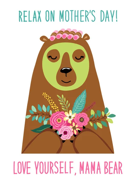 Χαριτωμένα κινούμενα σχέδια χαρακτήρα χαλαρωτικό μητέρα αρκούδα με μάσκα και σίδερα, κάρτα ημέρα της μητέρας — Διανυσματικό Αρχείο