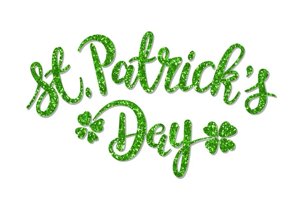 Lüks St Patricks günü yeşil glitter el yazısıyla yazılmış yazı shamrock ile elle çizilmiş hat üzerinde beyaz bırakır. — Stok Vektör