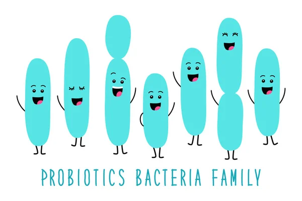 Grappige probiotica bacteriën familie cartoon tekens geïsoleerd op wit, darm en darmflora, ingesteld in vlakke stijl — Stockvector