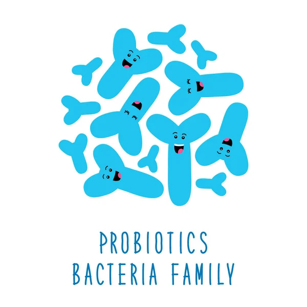 Drôle de probiotiques bactéries famille personnages de dessins animés isolés sur la flore blanche, intestinale et intestinale, situé dans le style plat — Image vectorielle