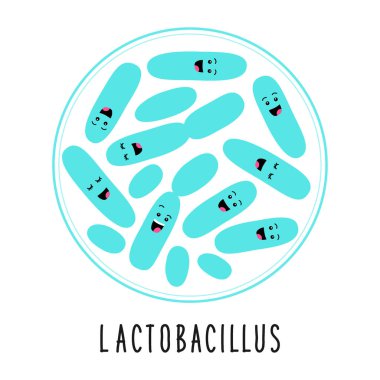 Komik probiyotik bakteri lactobacillus aile beyaz, düz stil microbiom izole karakter karikatür