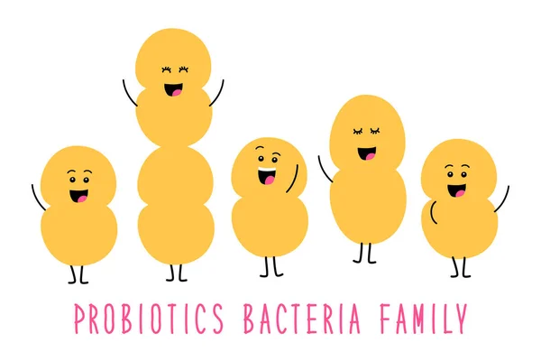 Funny probiotici batteri famiglia personaggi dei cartoni animati isolati su bianco, intestino e flora intestinale, ambientato in stile piatto — Vettoriale Stock