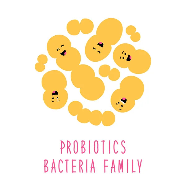 Funny probiotici batteri famiglia personaggi dei cartoni animati isolati su bianco, intestino e flora intestinale, ambientato in stile piatto — Vettoriale Stock