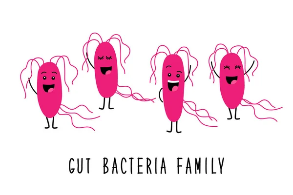 Funny gut batteri famiglia personaggi dei cartoni animati isolati su bianco, intestino e flora intestinale, ambientato in stile piatto — Vettoriale Stock