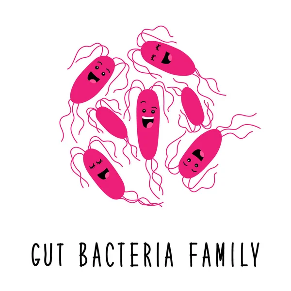 Funny gut batteri famiglia personaggi dei cartoni animati isolati su bianco, intestino e flora intestinale, ambientato in stile piatto — Vettoriale Stock