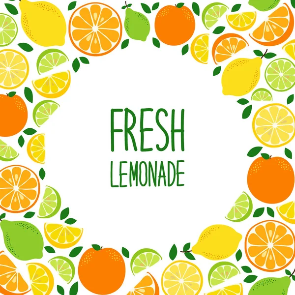 新鮮なレモネ ードの理想的なおいしい鮮やかでかわいい柑橘類のフルーツ レモン、ライム、オレンジの背景 — ストックベクタ