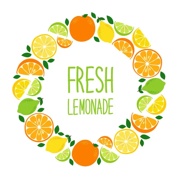 Schattig Citrus vruchten citroen, limoen en sinaasappel achtergrond in levendige smakelijke kleuren ideaal voor verse limonade — Stockvector