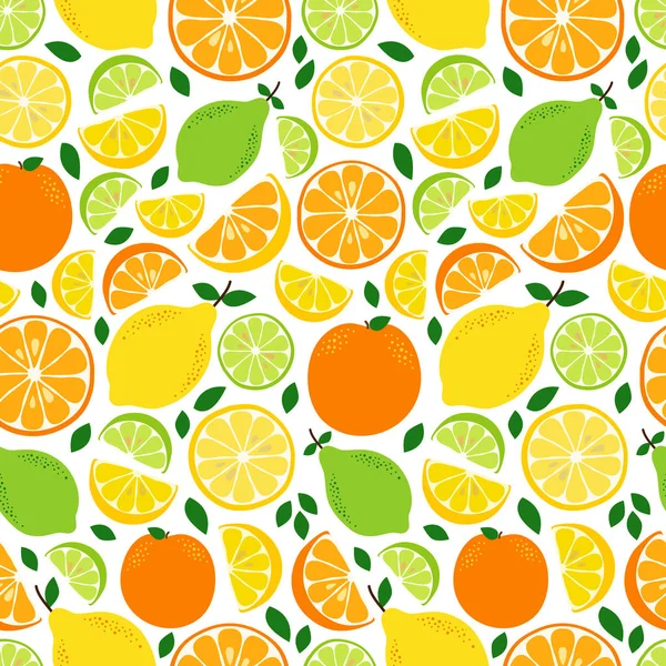 Lindo patrón sin costuras con ingredientes frescos de limonada Cítricos Frutas Limón, Lima y Naranja en colores vivos y sabrosos — Vector de stock