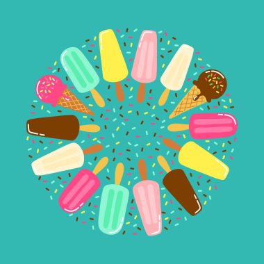 Şirin dondurma lezzetli koleksiyonu arka planda canlı için ideal renkler afiş, paket vb