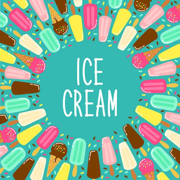 Lindo fondo del marco de la colección del helado en colores sabrosos vivos ideales para pancartas, paquete, etc. — Vector de stock