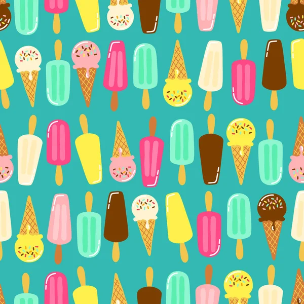 Lindo patrón inconsútil de la colección de helado en colores vivos y sabrosos ideal para papel de envolver, paquete, etc. — Vector de stock