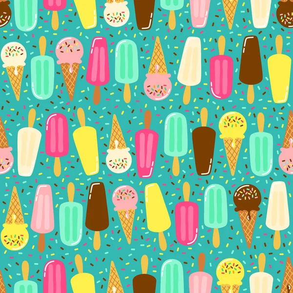 Lindo patrón inconsútil de la colección de helado en colores vivos y sabrosos ideal para papel de envolver, paquete, etc. — Archivo Imágenes Vectoriales