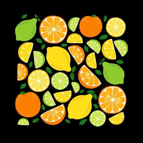 Carino agrumi Delizia frutta limone, calce e sfondo arancione in colori vivaci gustosi — Vettoriale Stock