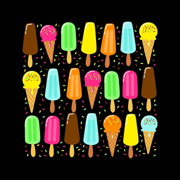 Χαριτωμένη συλλογή παγωτό κόμμα φόντο σε ζωηρά νόστιμα χρώματα ιδανικό για πρόσκληση, κάρτα, πανό, πακέτο, διακόσμηση κ. λπ. — Διανυσματικό Αρχείο