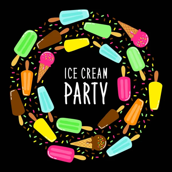 Cute Ice Cream Party collectie achtergrond in levendige smakelijke kleuren ideaal voor uitnodiging, kaart, banner, pakket, decoratie etc — Stockvector