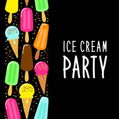 Davet, kart, afiş, paket, dekorasyon vb için ideal canlı lezzetli renklerde sevimli dondurma parti koleksiyonu arka plan