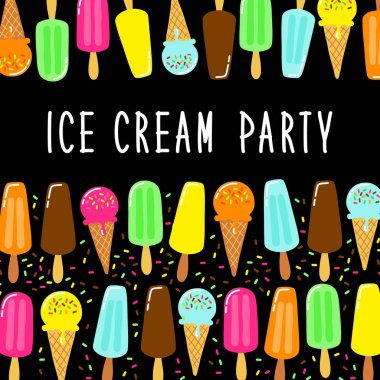 Davet, kart, afiş, paket, dekorasyon vb için ideal canlı lezzetli renklerde sevimli dondurma parti koleksiyonu arka plan