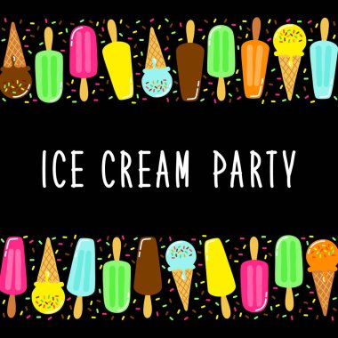 Davet, kart, afiş, paket, dekorasyon vb için ideal canlı lezzetli renklerde sevimli dondurma parti koleksiyonu arka plan