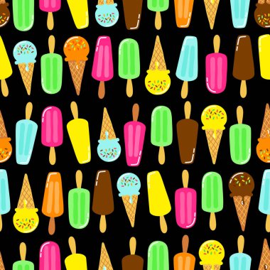 Davet, kart, afiş, paket, dekorasyon vb için ideal canlı lezzetli renklerde sevimli dondurma partisi koleksiyonu kesintisiz arka plan