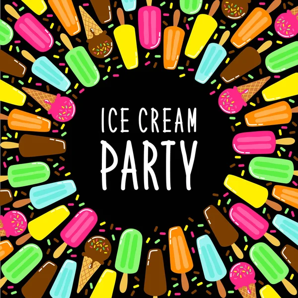 Cute Ice Cream Party collectie achtergrond in levendige smakelijke kleuren ideaal voor uitnodiging, kaart, banner, pakket, decoratie etc — Stockvector