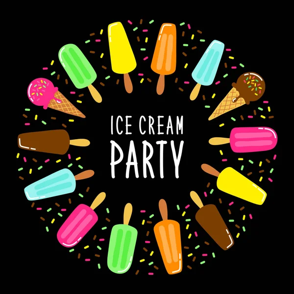 Cute Ice Cream Party collectie achtergrond in levendige smakelijke kleuren ideaal voor uitnodiging, kaart, banner, pakket, decoratie etc — Stockvector