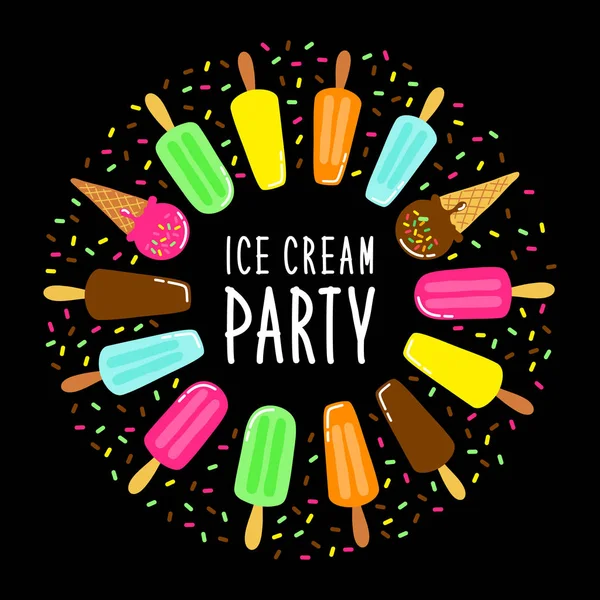 Cute Ice Cream Party collectie achtergrond in levendige smakelijke kleuren ideaal voor uitnodiging, kaart, banner, pakket, decoratie etc — Stockvector