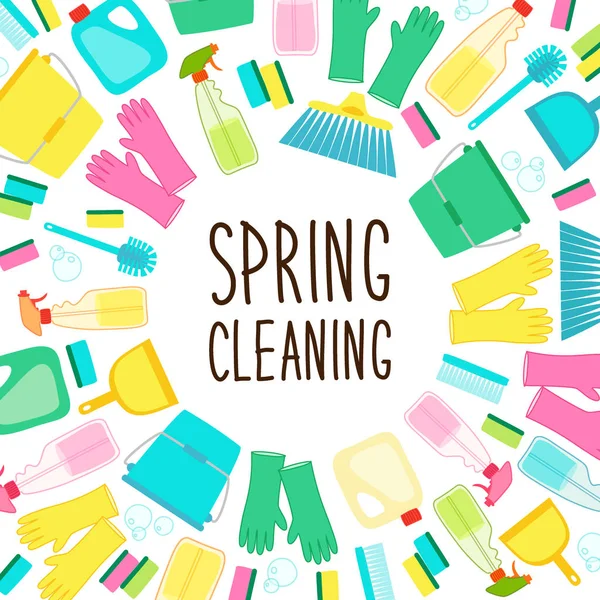 Cute spring cleaning utensils background in vivid eye catching colors — Stock Vector