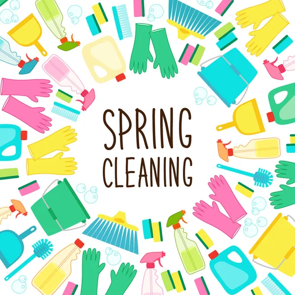 Grazioso primavera pulizia utensili sfondo in colori vividi occhio cattura — Vettoriale Stock