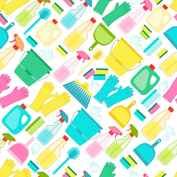 Cute spring cleaning utensils seamless background in vivid eye catching colors — Stock Vector