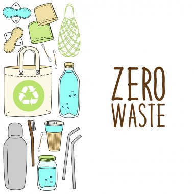 Hiçbir plastik sevimli el çizilmiş elemanları, sıfır atık kavramı, eko yaşam tarzı, yeşil tema gitmek