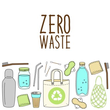 Hiçbir plastik sevimli el çizilmiş elemanları, sıfır atık kavramı, eko yaşam tarzı, yeşil tema gitmek