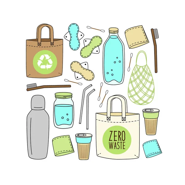 Carino elementi disegnati a mano di plastica, zero rifiuti concetto, eco stile di vita, andare tema verde — Vettoriale Stock