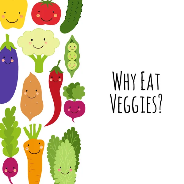 Cute Eat Veggies fondo con personajes de dibujos animados sonrientes de verduras — Vector de stock