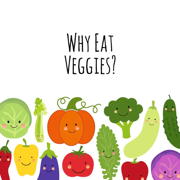 Hezké jídlo veggies na pozadí s usmívajícími se kreslené postavy zeleniny — Stockový vektor